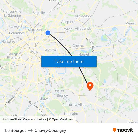 Le Bourget to Chevry-Cossigny map