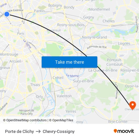 Porte de Clichy to Chevry-Cossigny map