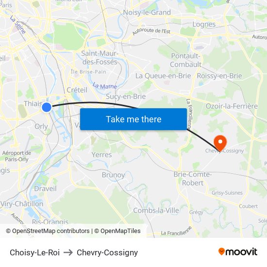 Choisy-Le-Roi to Chevry-Cossigny map