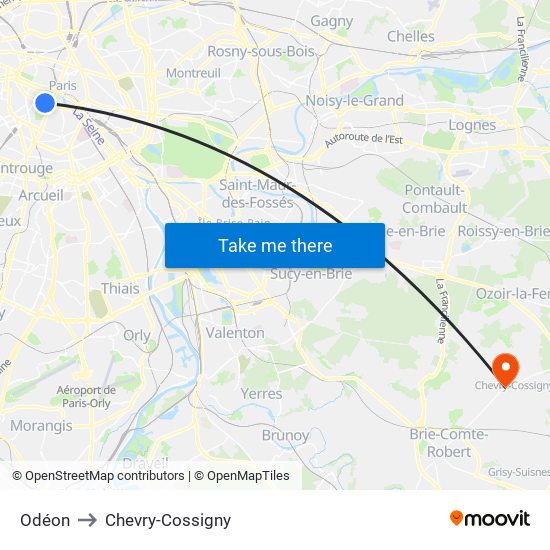 Odéon to Chevry-Cossigny map