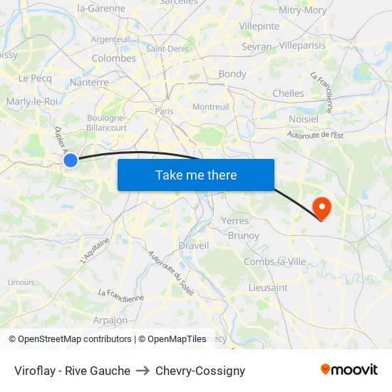 Viroflay - Rive Gauche to Chevry-Cossigny map