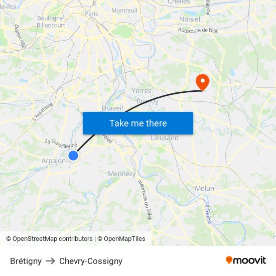 Brétigny to Chevry-Cossigny map