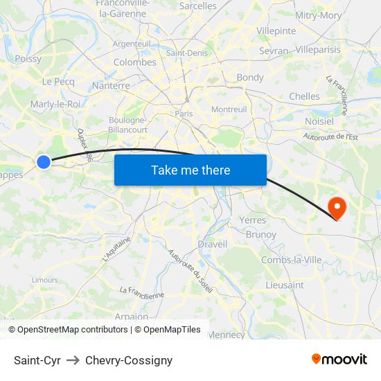Saint-Cyr to Chevry-Cossigny map