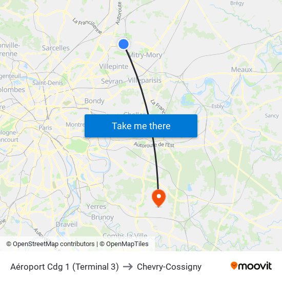 Aéroport Cdg 1 (Terminal 3) to Chevry-Cossigny map