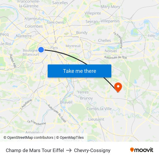 Champ de Mars Tour Eiffel to Chevry-Cossigny map