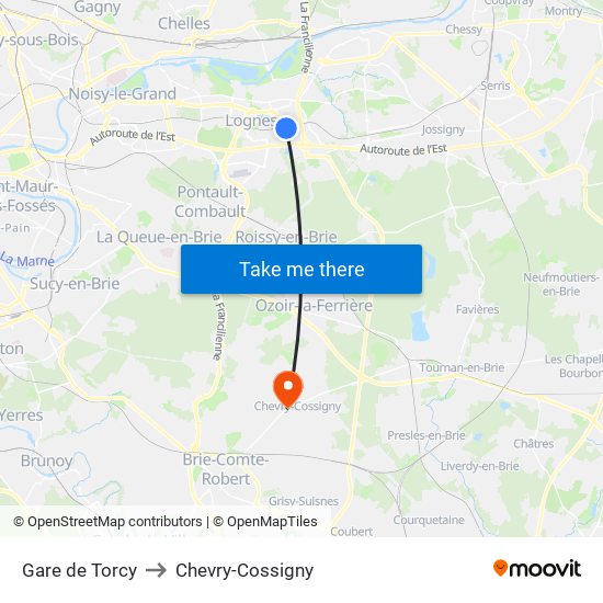 Gare de Torcy to Chevry-Cossigny map