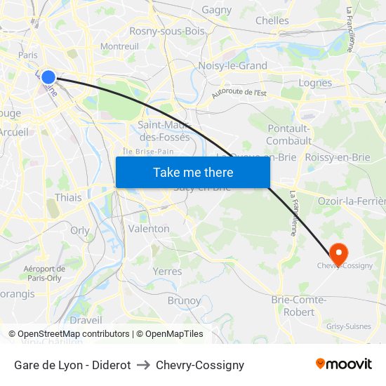 Gare de Lyon - Diderot to Chevry-Cossigny map