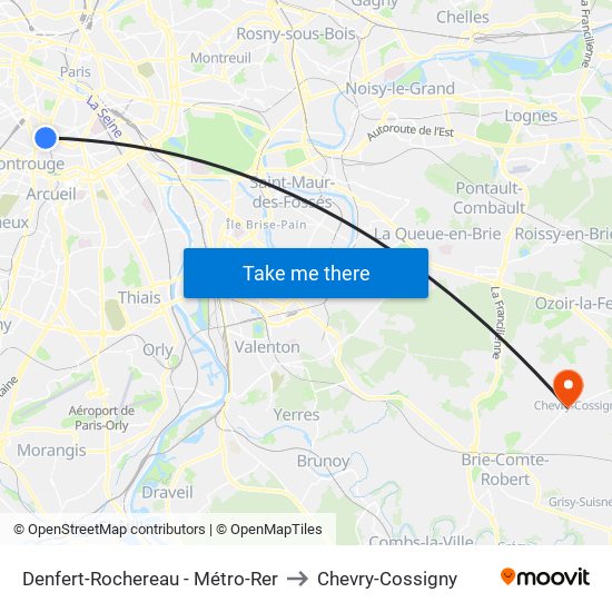 Denfert-Rochereau - Métro-Rer to Chevry-Cossigny map