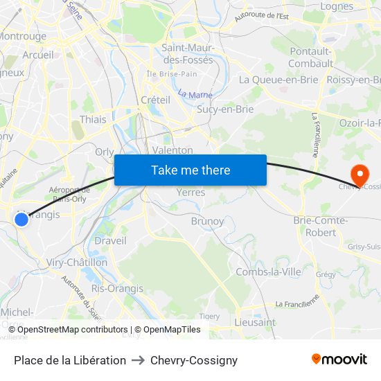 Place de la Libération to Chevry-Cossigny map