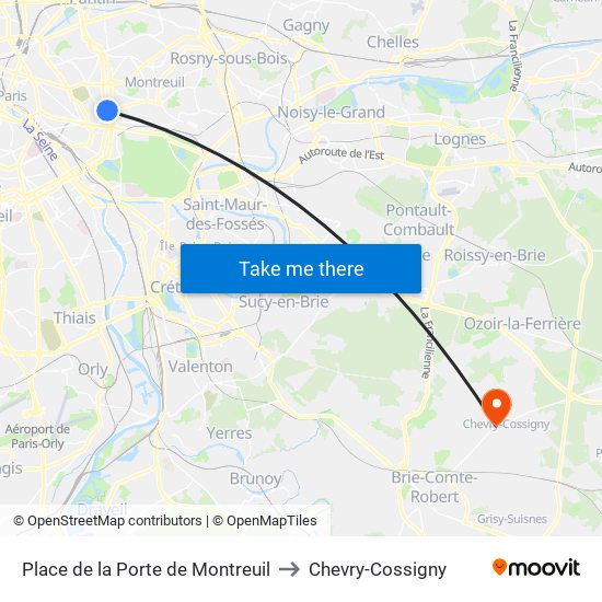 Place de la Porte de Montreuil to Chevry-Cossigny map