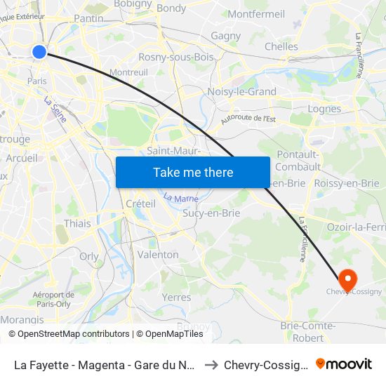 La Fayette - Magenta - Gare du Nord to Chevry-Cossigny map