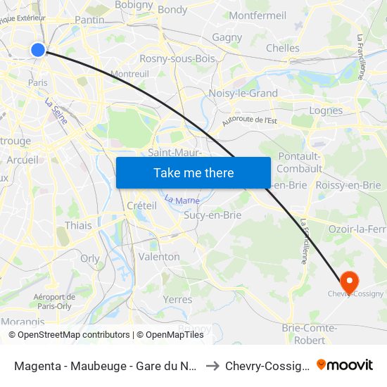 Magenta - Maubeuge - Gare du Nord to Chevry-Cossigny map