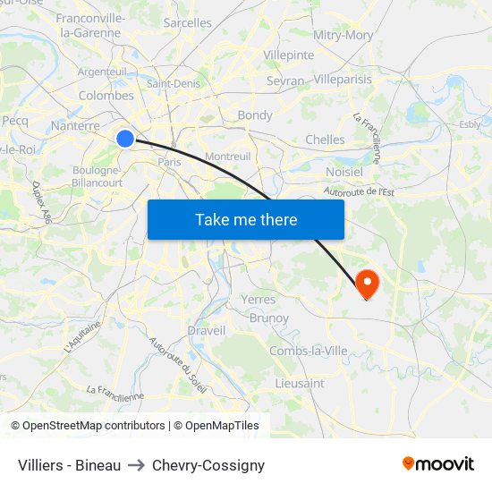 Villiers - Bineau to Chevry-Cossigny map