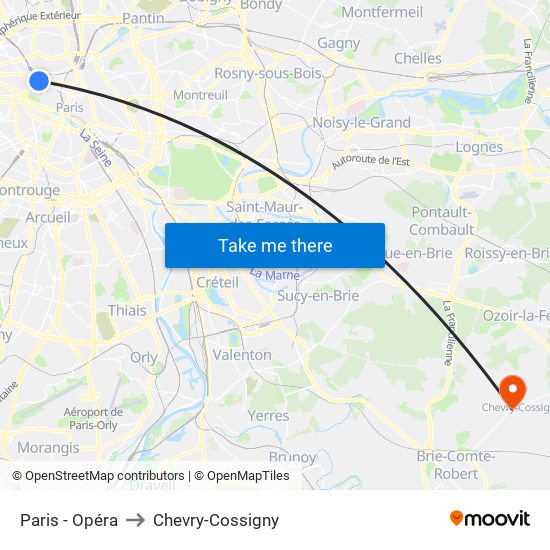 Paris - Opéra to Chevry-Cossigny map