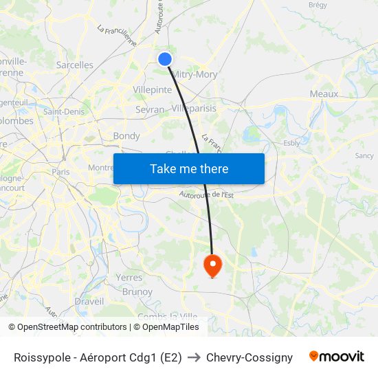 Roissypole - Aéroport Cdg1 (E2) to Chevry-Cossigny map