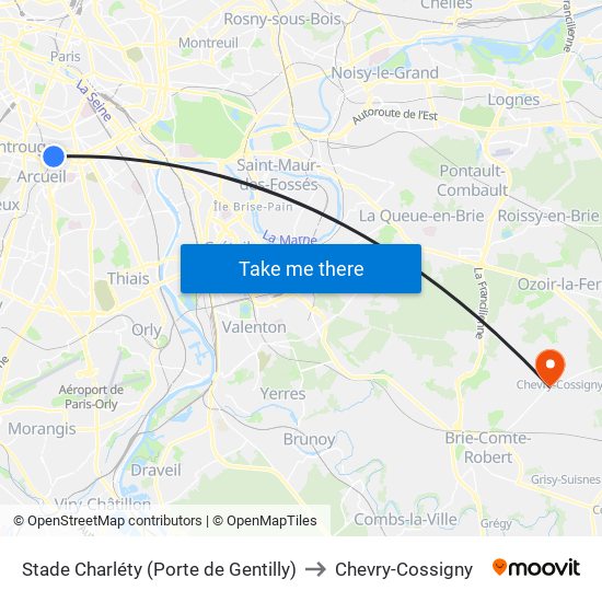 Stade Charléty (Porte de Gentilly) to Chevry-Cossigny map