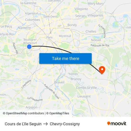 Cours de L'Ile Seguin to Chevry-Cossigny map