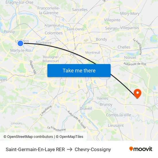 Saint-Germain-En-Laye RER to Chevry-Cossigny map