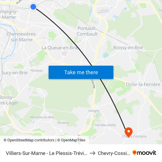 Villiers-Sur-Marne - Le Plessis-Trévise RER to Chevry-Cossigny map
