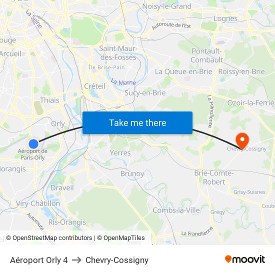 Aéroport Orly 4 to Chevry-Cossigny map