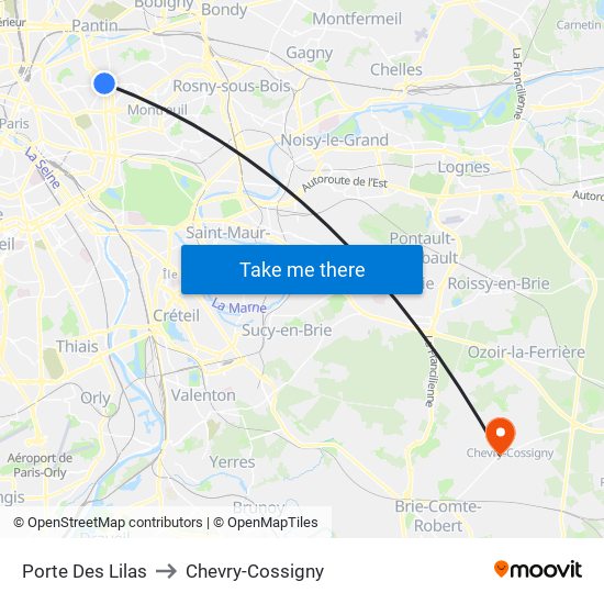 Porte Des Lilas to Chevry-Cossigny map