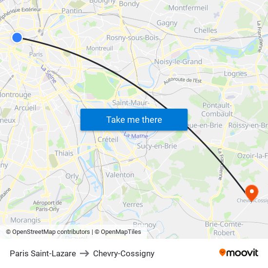 Paris Saint-Lazare to Chevry-Cossigny map