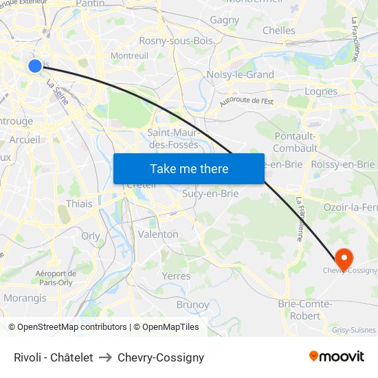 Rivoli - Châtelet to Chevry-Cossigny map