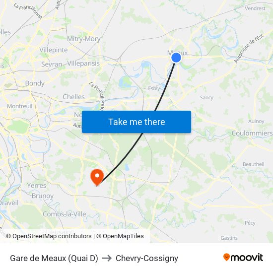 Gare de Meaux (Quai D) to Chevry-Cossigny map