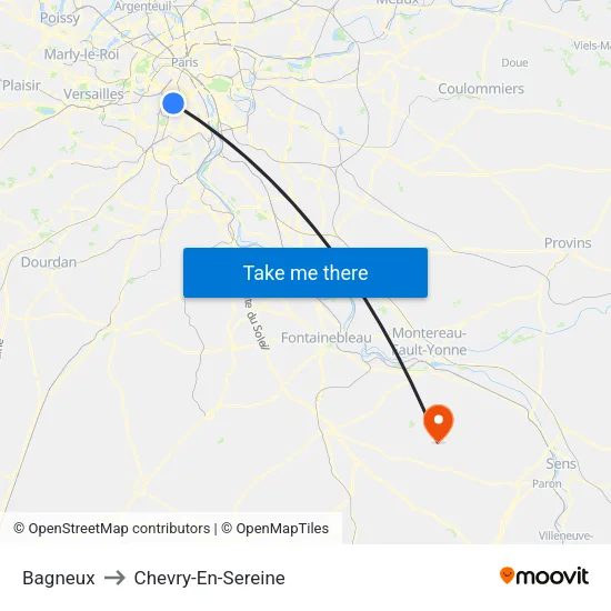 Bagneux to Chevry-En-Sereine map