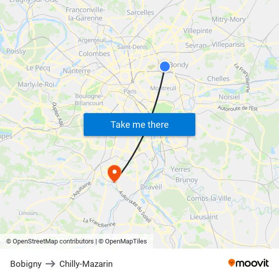 Bobigny to Chilly-Mazarin map