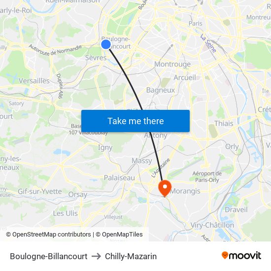 Boulogne-Billancourt to Chilly-Mazarin map