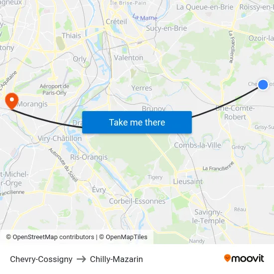 Chevry-Cossigny to Chilly-Mazarin map