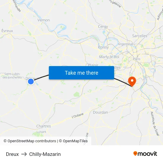 Dreux to Chilly-Mazarin map