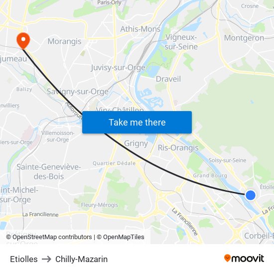 Etiolles to Chilly-Mazarin map
