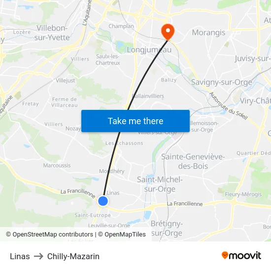 Linas to Chilly-Mazarin map