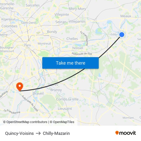 Quincy-Voisins to Chilly-Mazarin map