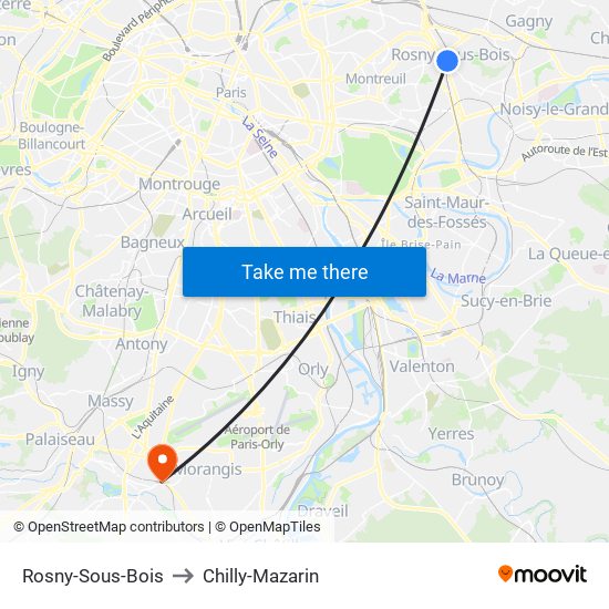 Rosny-Sous-Bois to Chilly-Mazarin map