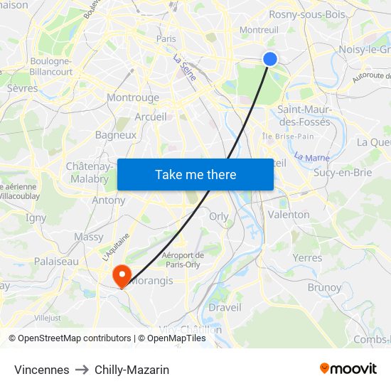 Vincennes to Chilly-Mazarin map