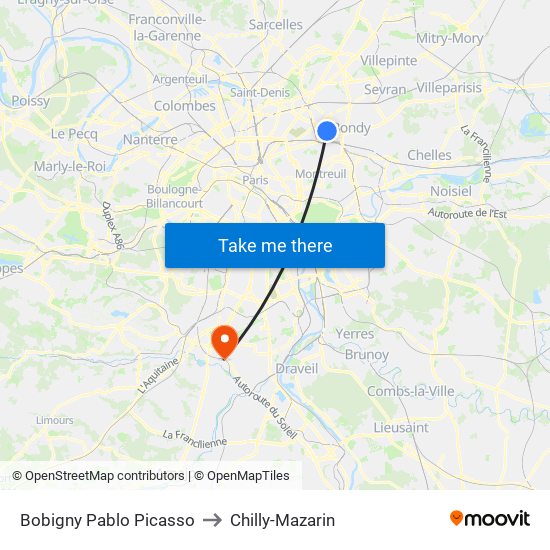 Bobigny Pablo Picasso to Chilly-Mazarin map
