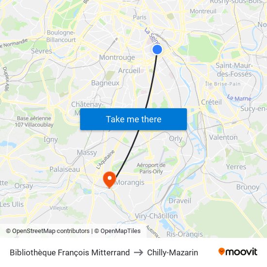 Bibliothèque François Mitterrand to Chilly-Mazarin map