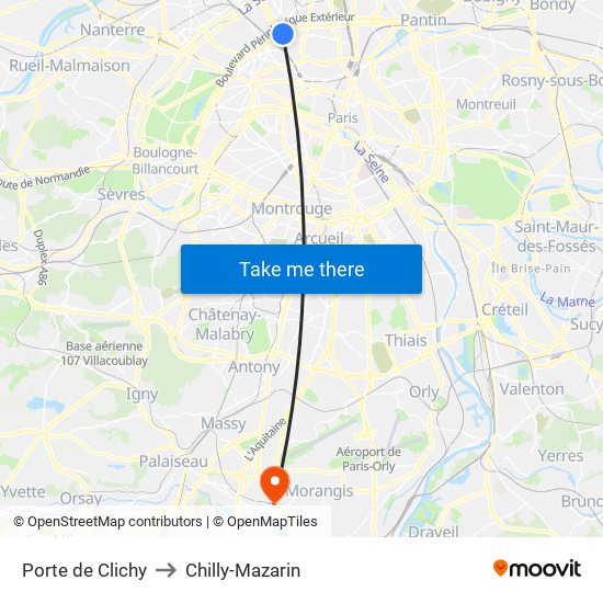 Porte de Clichy to Chilly-Mazarin map