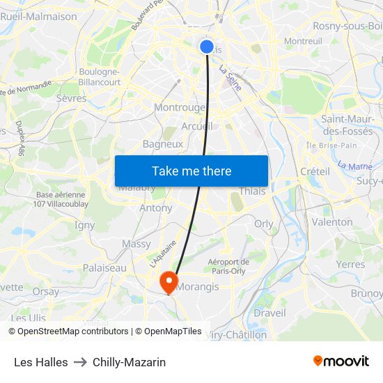 Les Halles to Chilly-Mazarin map
