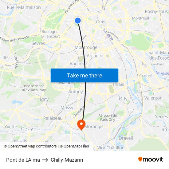 Pont de L'Alma to Chilly-Mazarin map