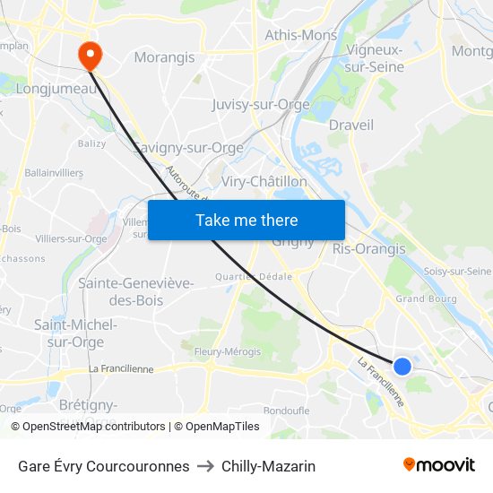 Gare Évry Courcouronnes to Chilly-Mazarin map
