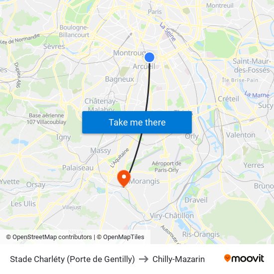 Stade Charléty (Porte de Gentilly) to Chilly-Mazarin map