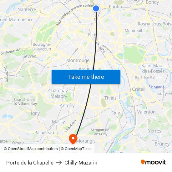 Porte de la Chapelle to Chilly-Mazarin map