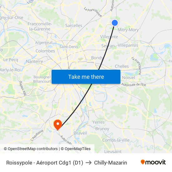 Roissypole - Aéroport Cdg1 (D1) to Chilly-Mazarin map