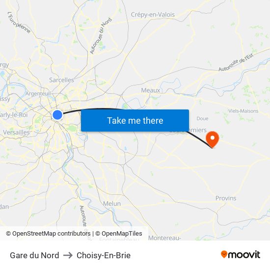 Gare du Nord to Choisy-En-Brie map