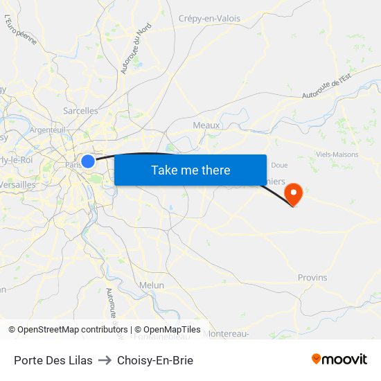 Porte Des Lilas to Choisy-En-Brie map