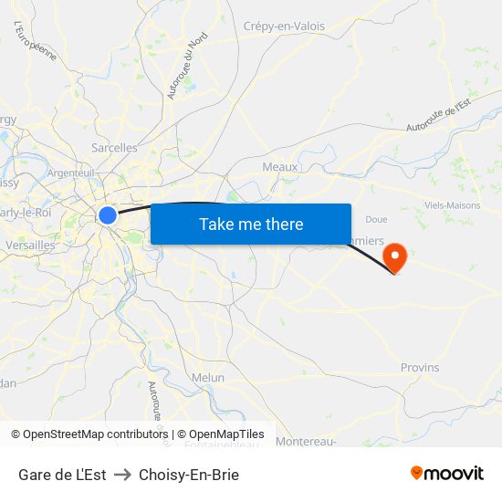 Gare de L'Est to Choisy-En-Brie map